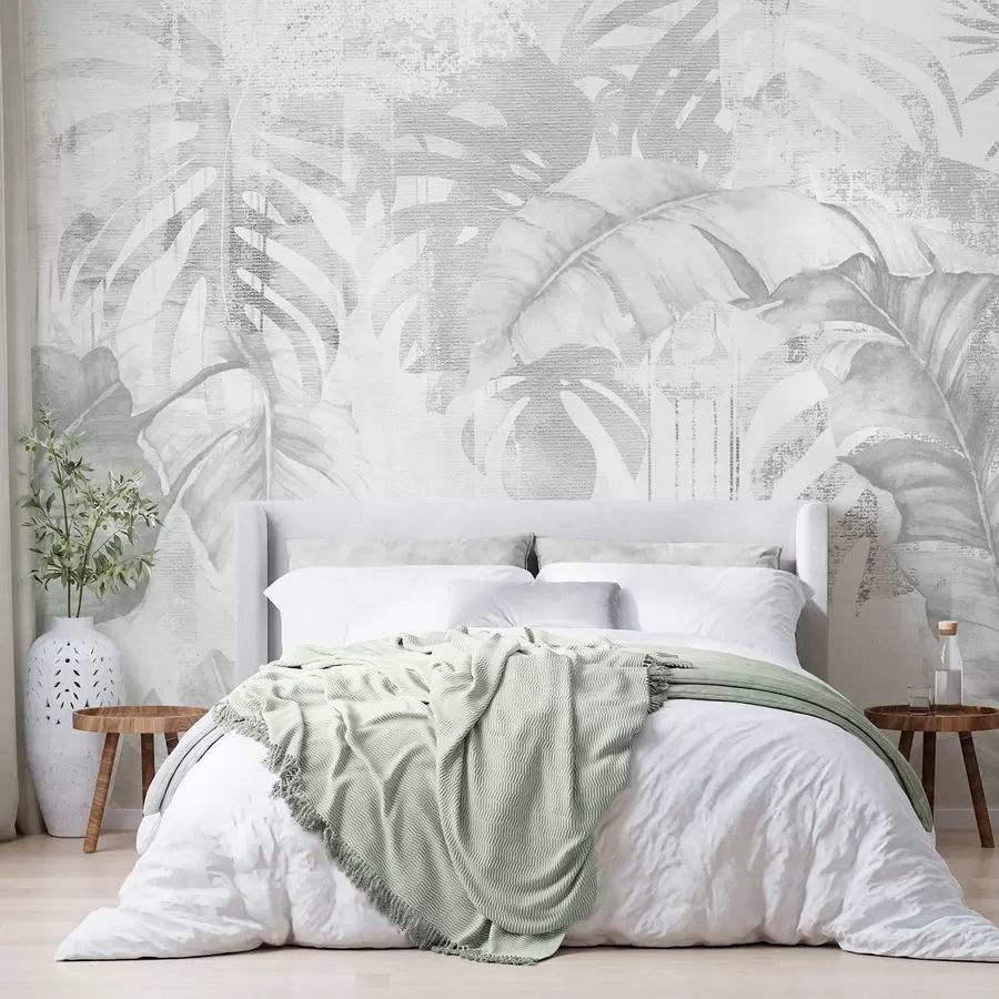 Wall Mural Photo Wallpaper Tropical leaves in grunge style, monochrome shades w03956v1