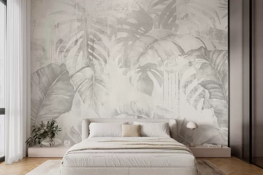 Wall Mural Photo Wallpaper Tropical leaves in grunge style, monochrome shades w03956v1