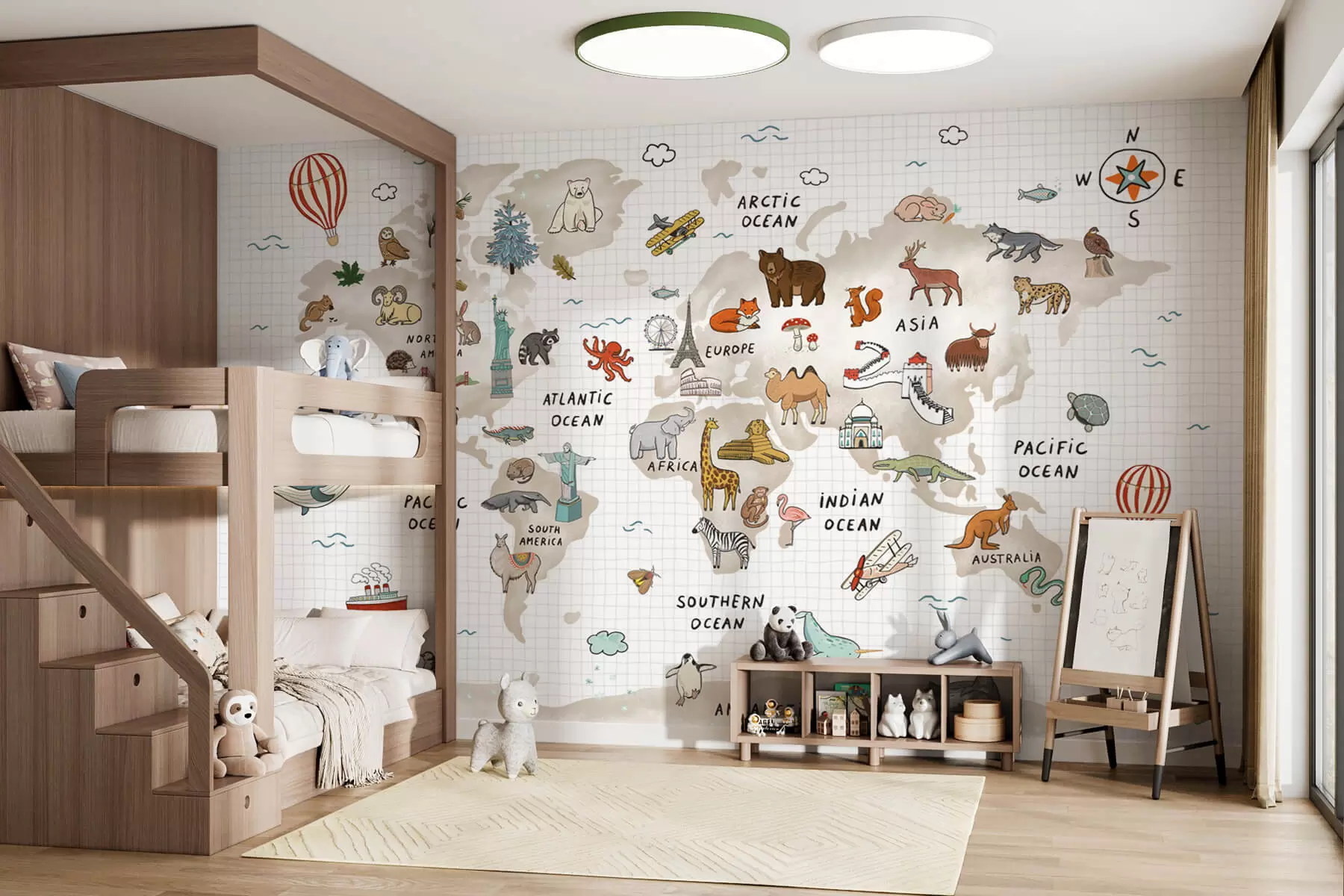 murales Mapamundi con animales y puntos de referencia w04011
