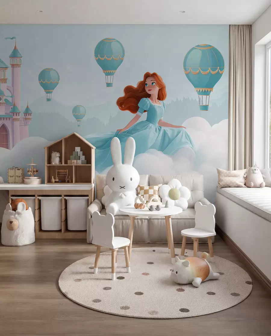 murales Princesa entre las nubes sobre el fondo del paisaje con el castillo w04015