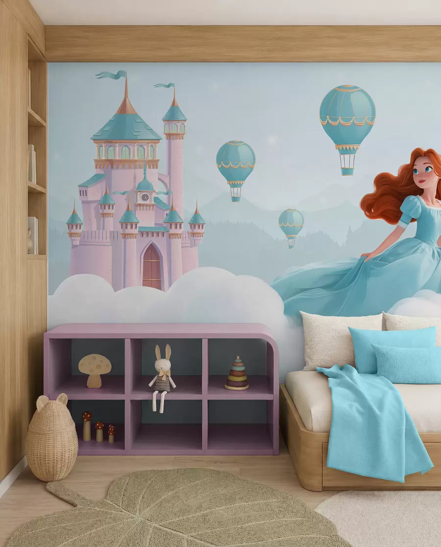 peintures murales Princesse parmi les nuages sur fond de paysage avec château w04015