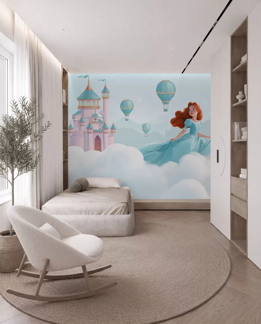 peintures murales Princesse parmi les nuages sur fond de paysage avec château w04015