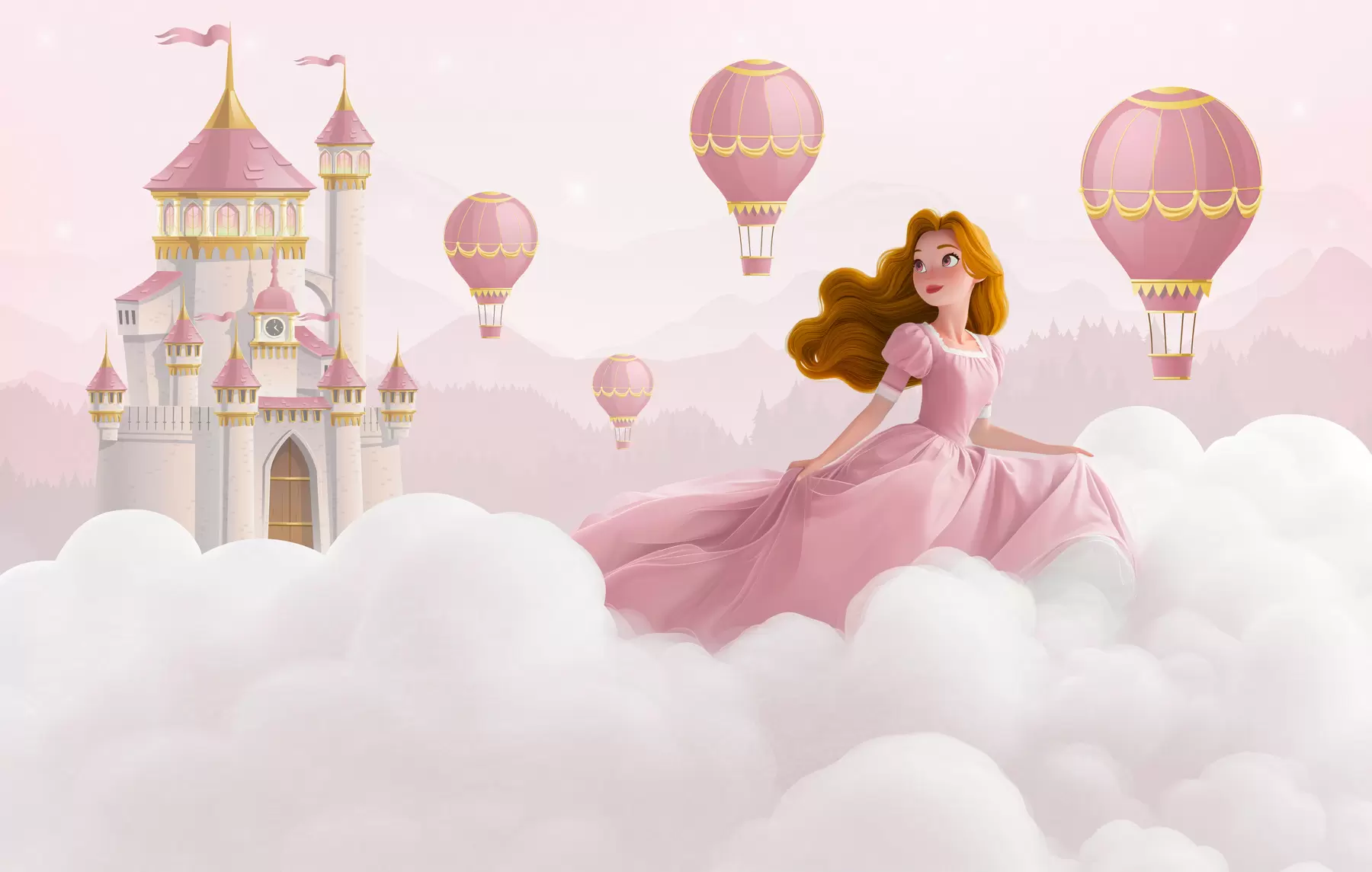 wall murals Princess among the clouds on the background of the landscape with the castle w04015v1