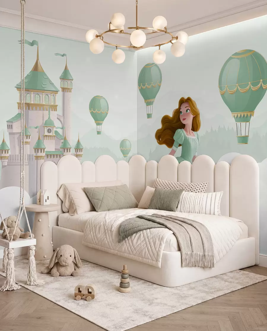 peintures murales Princesse parmi les nuages sur fond de paysage avec château w04015v2