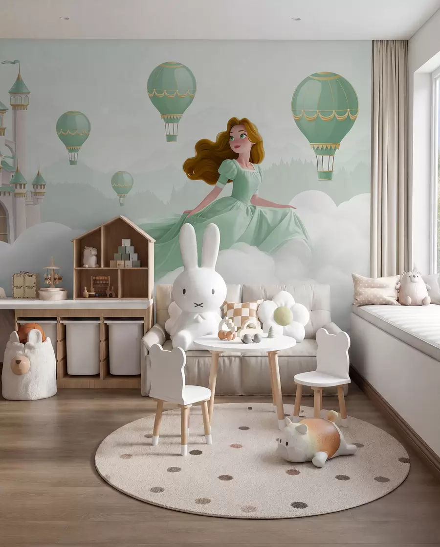 peintures murales Princesse parmi les nuages sur fond de paysage avec château w04015v2