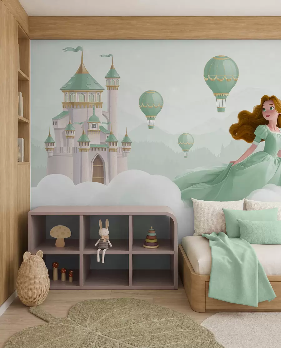 murales Princesa entre las nubes sobre el fondo del paisaje con el castillo w04015v2