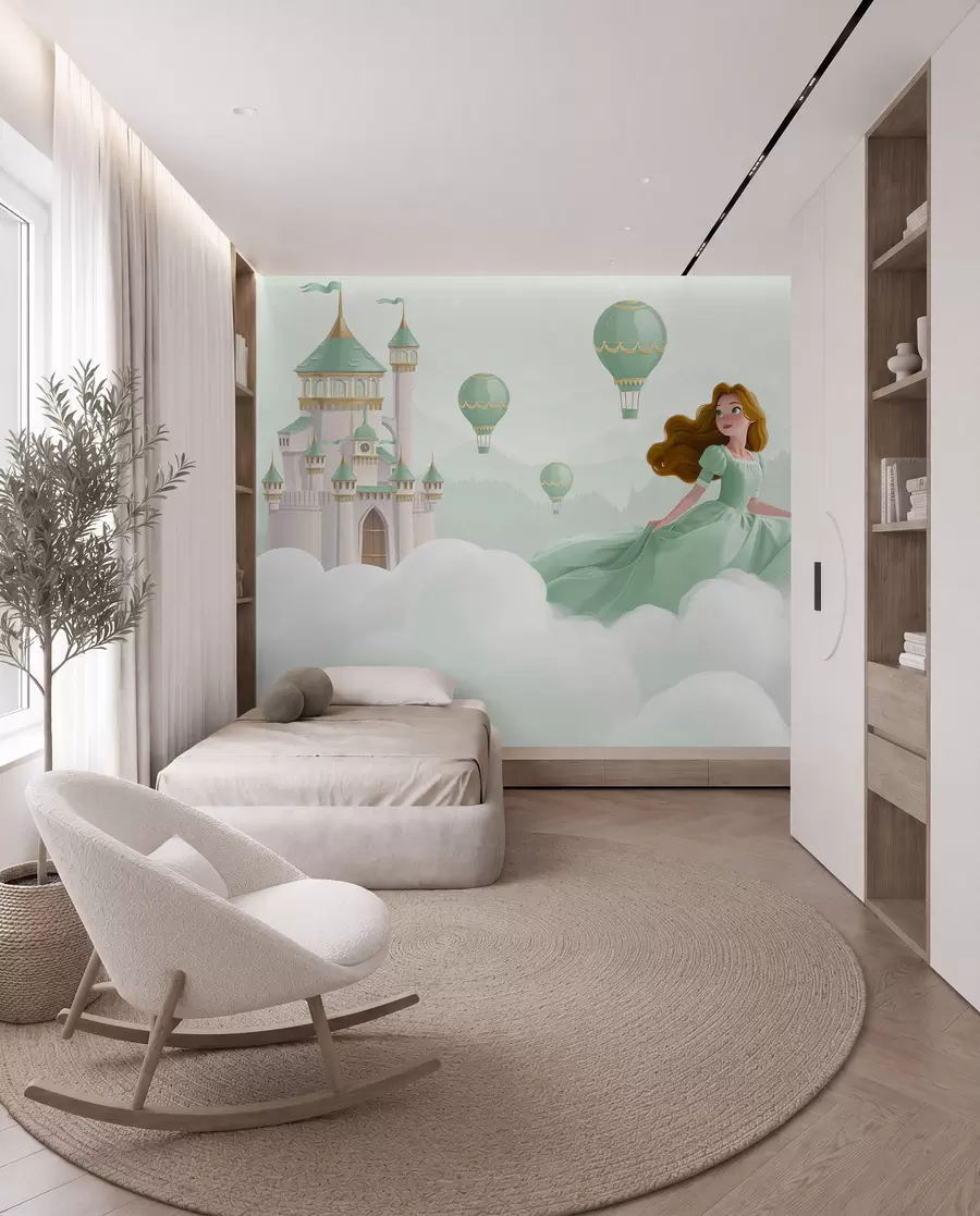 peintures murales Princesse parmi les nuages sur fond de paysage avec château w04015v2