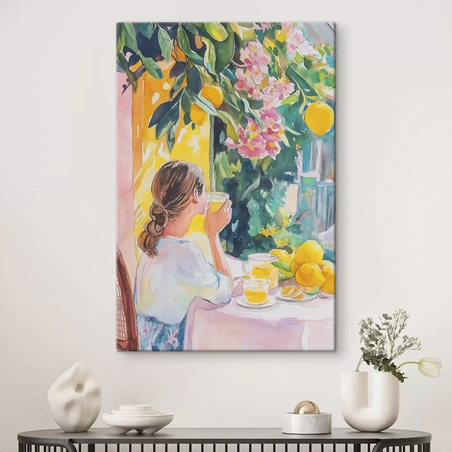 murales Vibraciones de verano, chica en el café, limoncello, Italia, estilo acuarela s44505