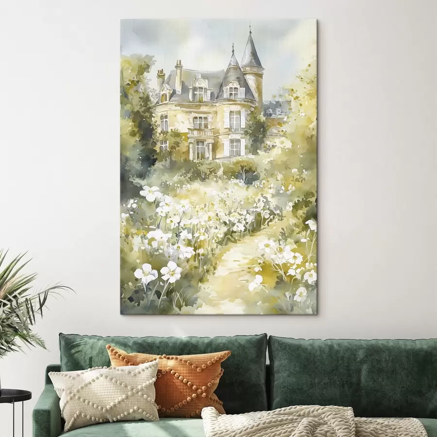 murales Hermoso castillo con vegetación y flores blancas, estilo acuarela s44506