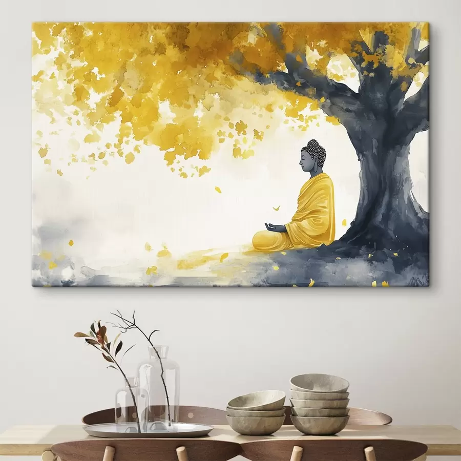 wall murals Meditating Buddha under the tree, yellow and grey colors s44509