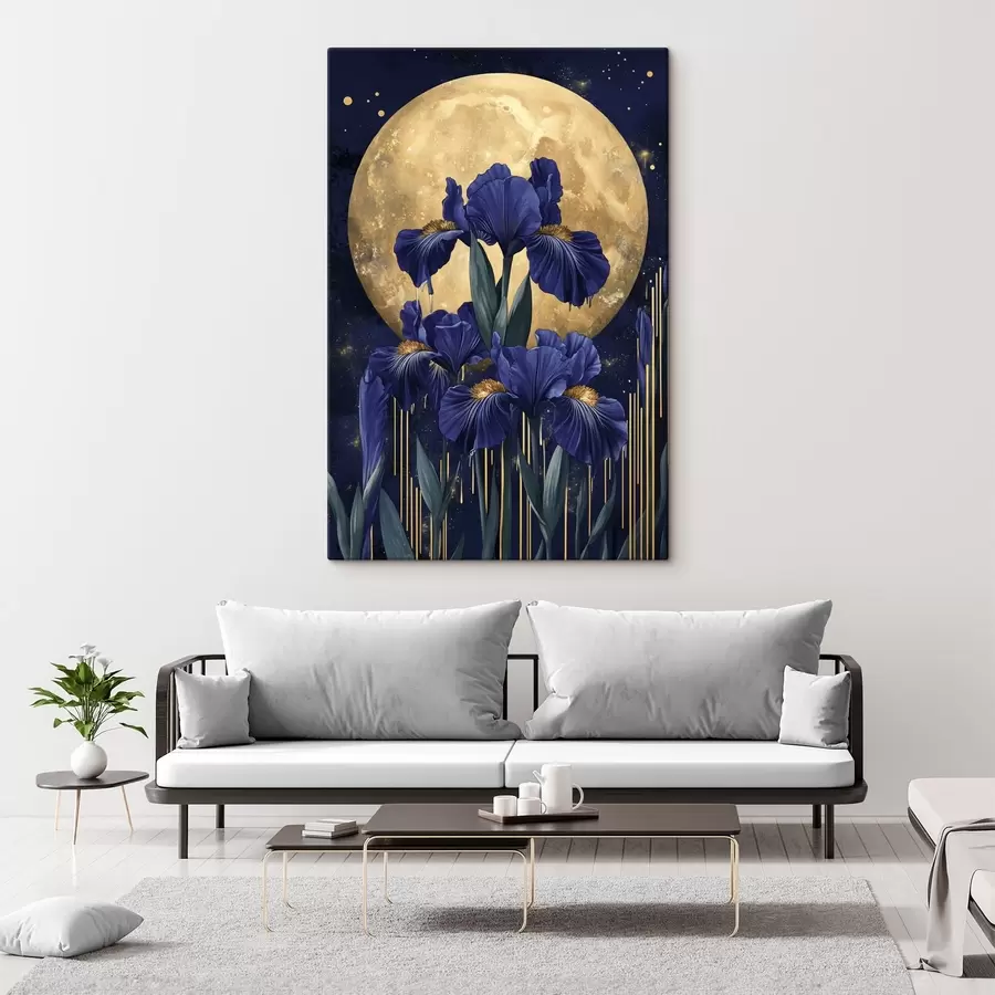 wall murals Iris flowers, shining moon, night sky, blue colors s44510