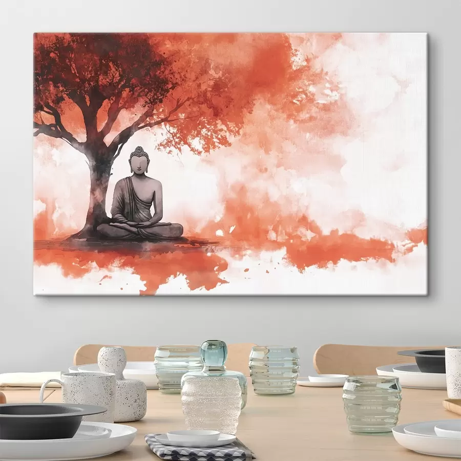 wall murals Buddha sitting under the tree, meditation, spiritual, orange colors s44512