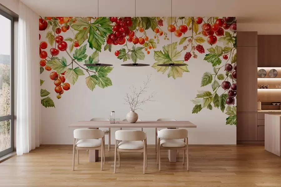 wall murals bunches of currants hanging from the top in watercolor style on a white background w04073