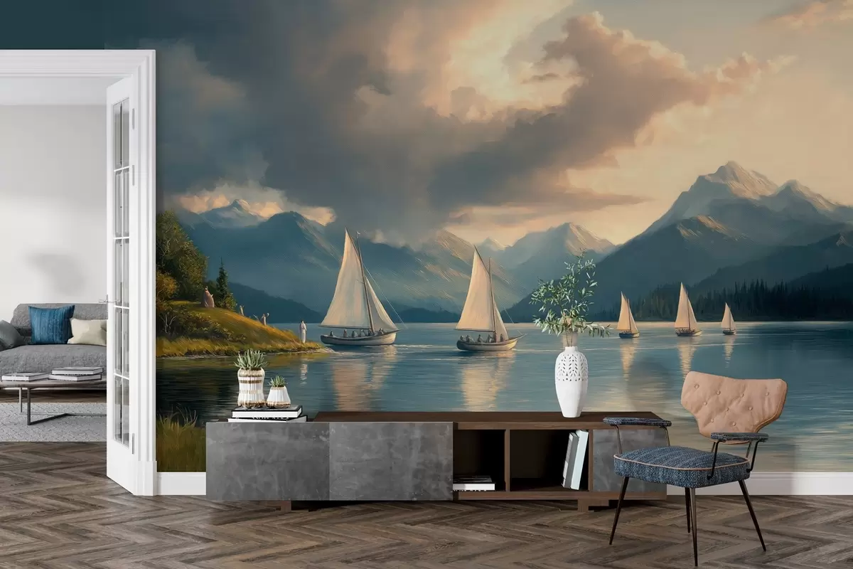 Wall Mural Photo Wallpaper regatta on a lake with a cloudy sky in the style of a 19th century oil painting w04076