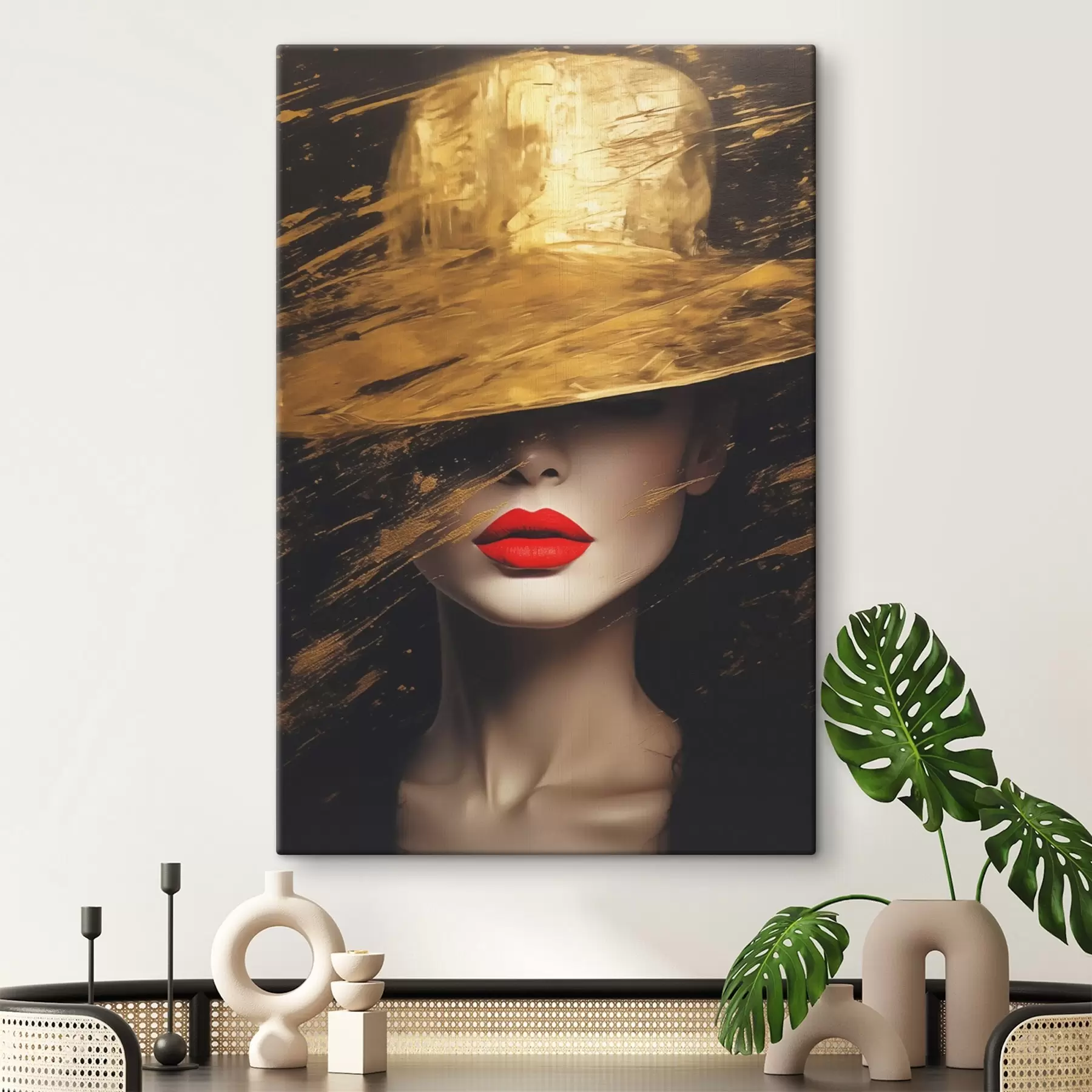 wall murals Female face with red lipstick under wide hat s44691