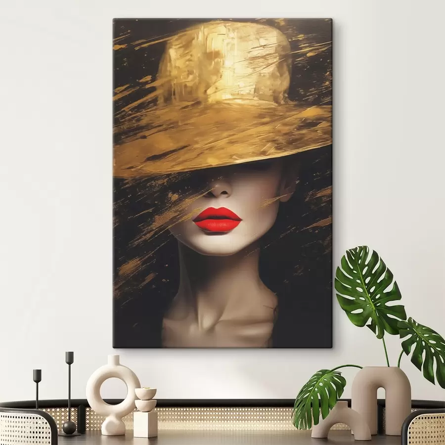 wall murals Female face with red lipstick under wide hat s44691