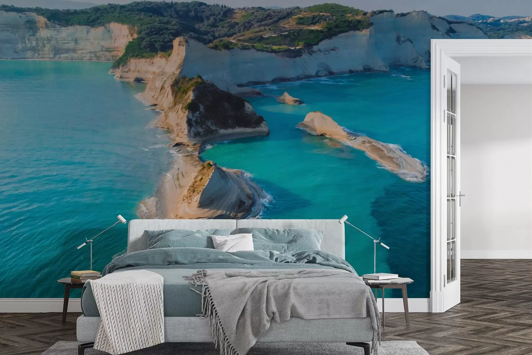 Wall Mural Photo Wallpaper Greece island, oil style texture, sea coast, aquamarine water, realism w04094