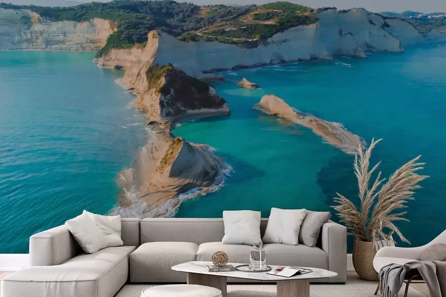 murales Isla griega, textura estilo óleo, costa marina, agua aguamarina, realismo w04094