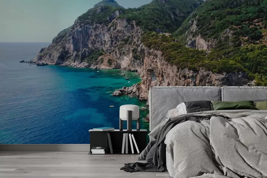 murales Montañas rocosas cerca del mar, dibujo al óleo, agua aguamarina w04096