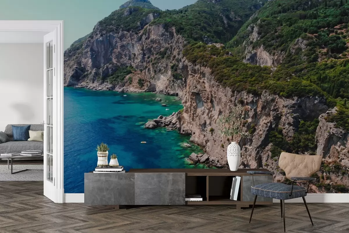 Wall Mural Photo Wallpaper Rock mountains near the sea, oil style drawing, aquamarine water w04096
