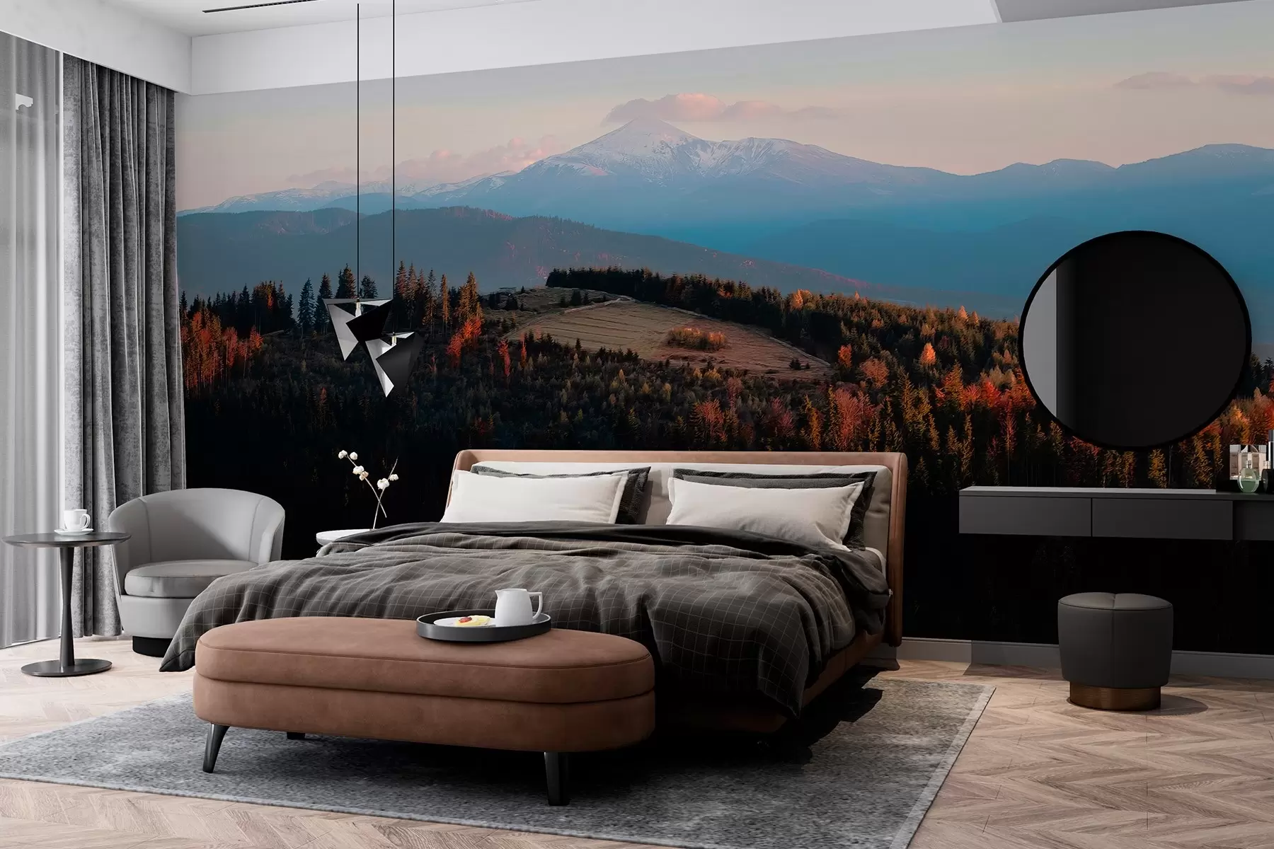 wall murals Carpathian mountains, oil style texture, autumn forest, sunset sky w04098