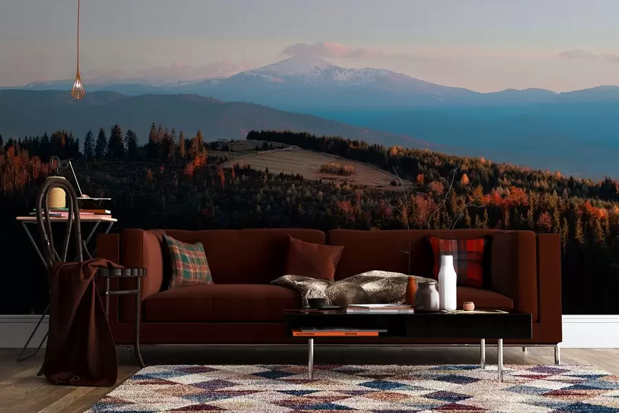peintures murales Montagnes des Carpates, texture à l'huile, forêt d'automne, ciel couchant w04098