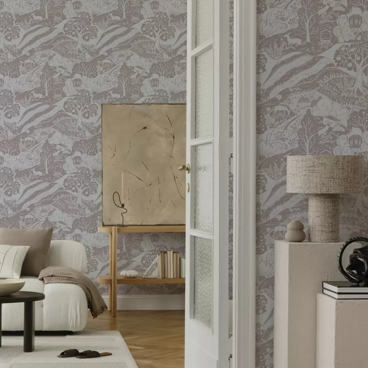 Papel pintado Ilustración pastel de cuento de hadas con animales y árboles a00172v1