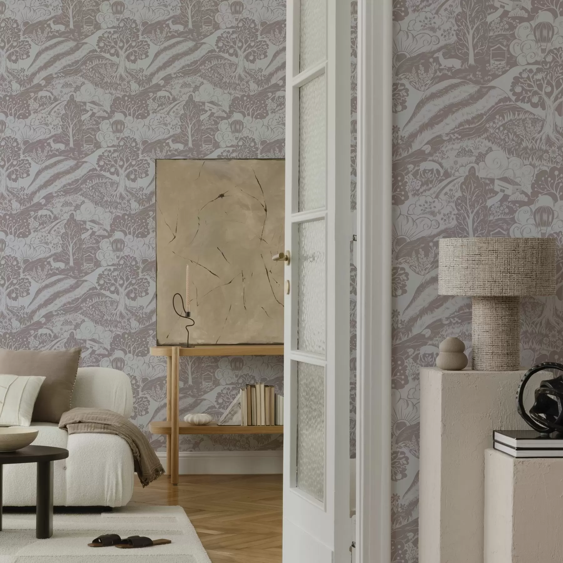 murales Ilustración pastel de cuento de hadas con animales y árboles a00172v1