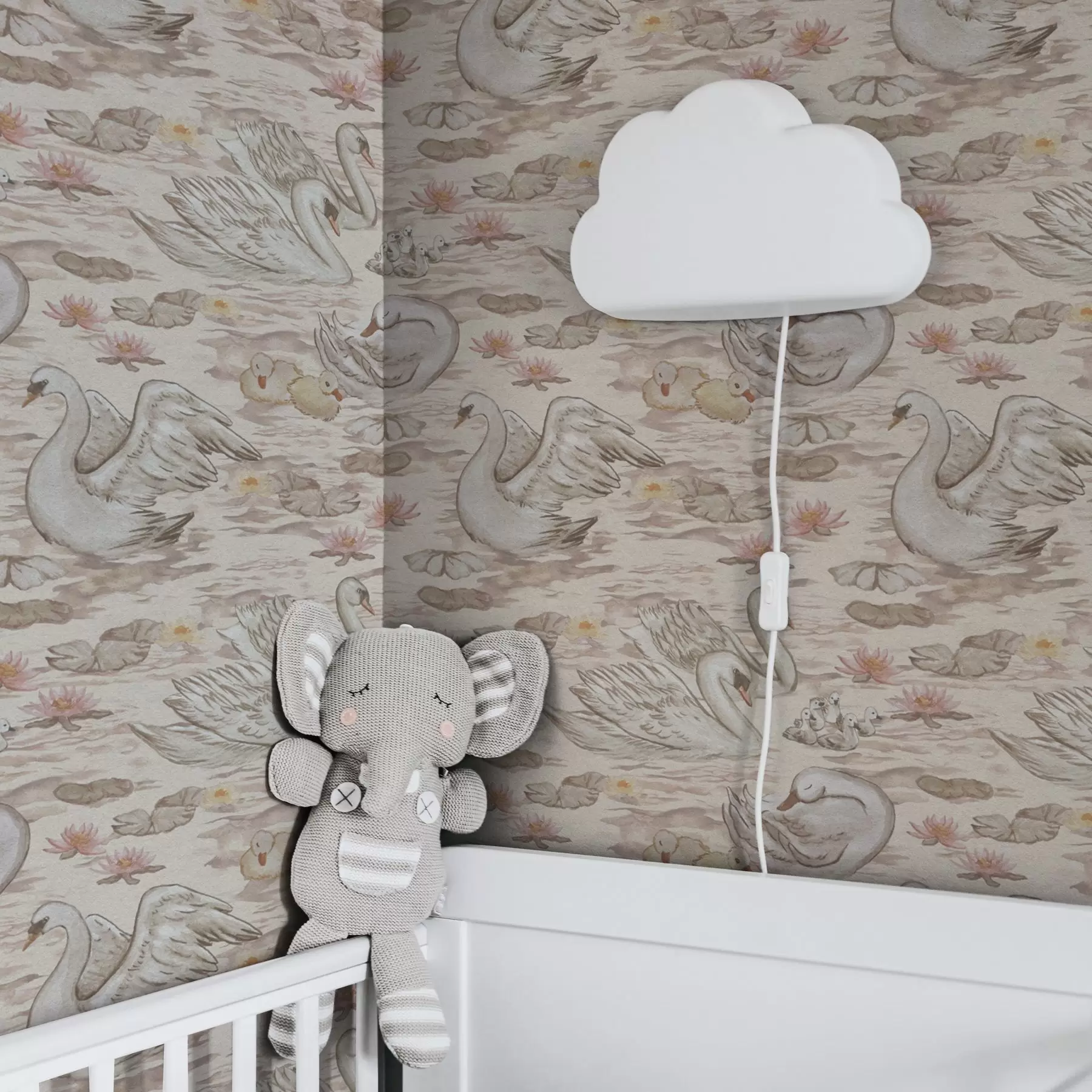 murales Cisnes con polluelos sobre fondo rosa con nenúfares a00176