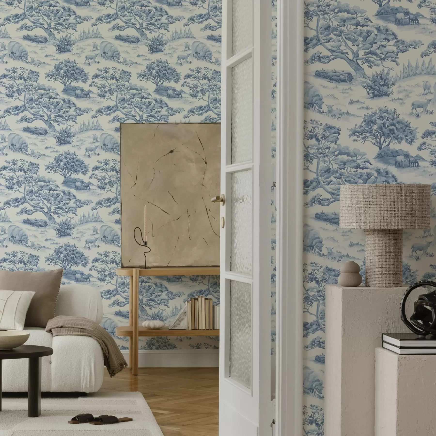 murales Paisaje rural en tonos azules con ovejas y árboles a00178