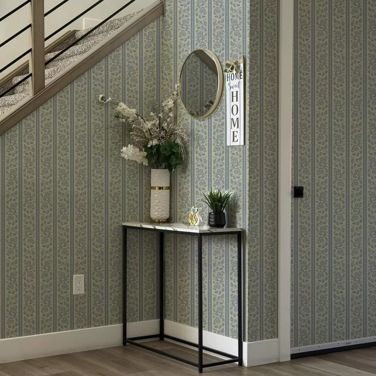 Papel pintado Adorno floral a rayas con bellotas en tonos azules y beige a00181