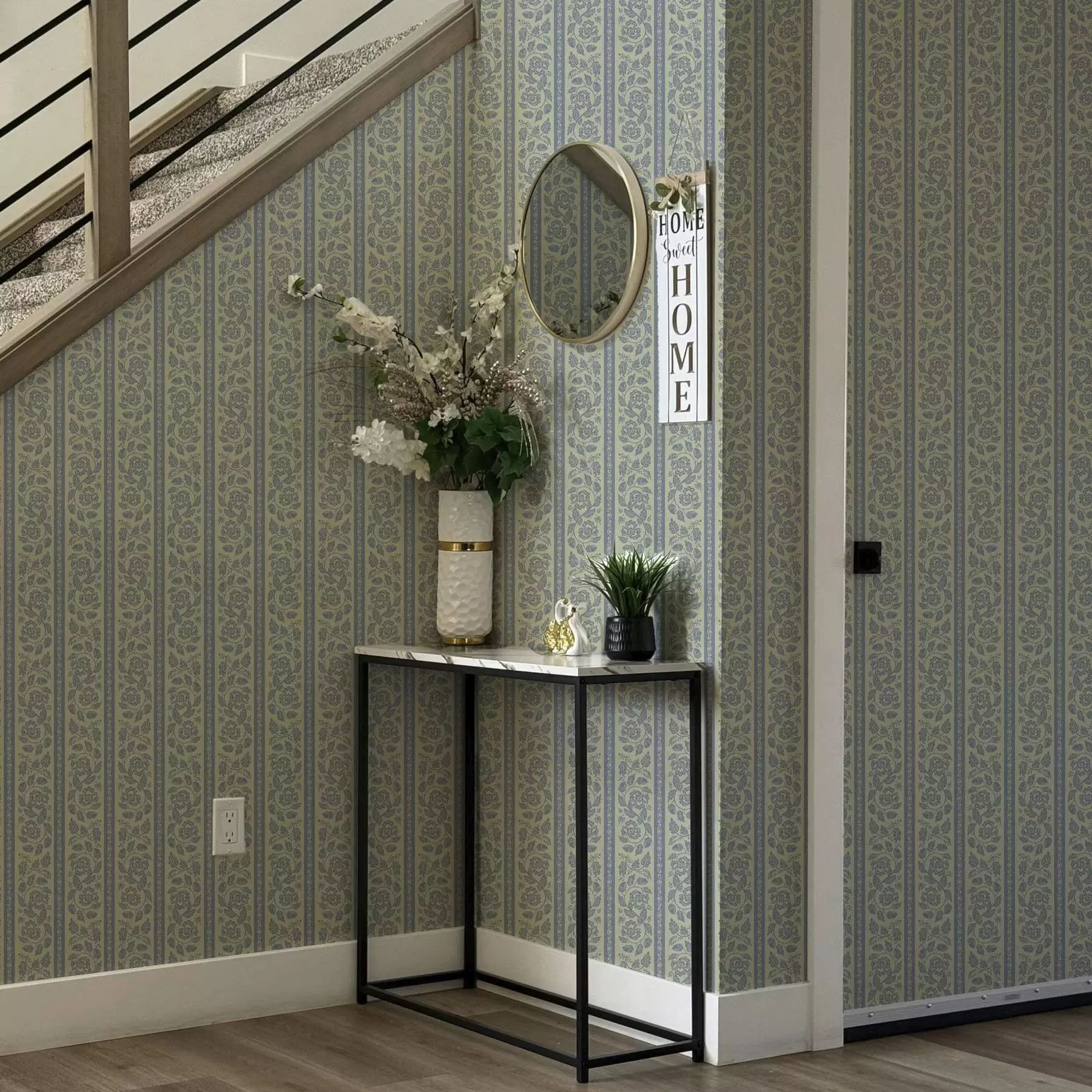 wall murals Striped floral ornament with acorns in blue and beige tones a00181