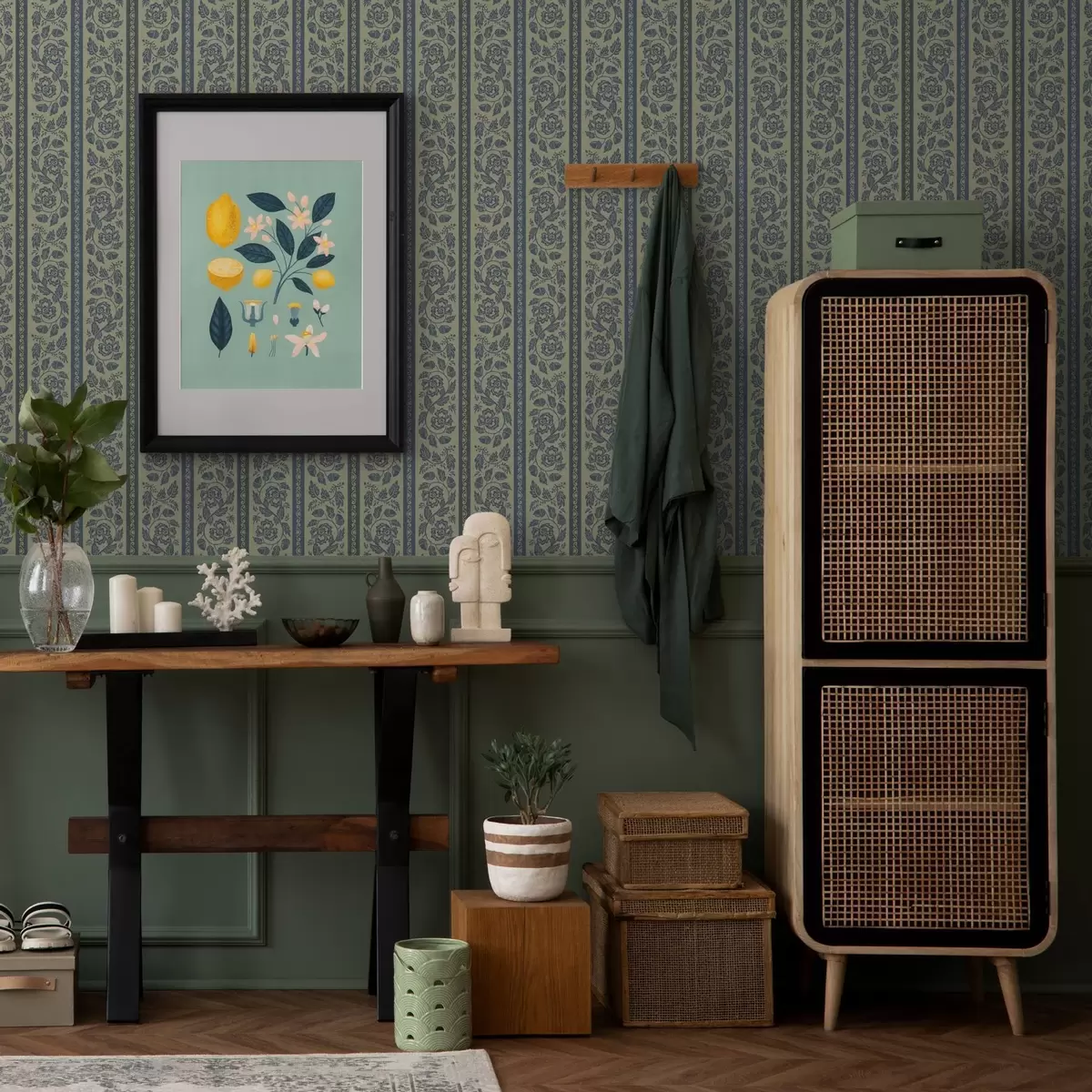 Wallpaper Vintage blue ornament with flowers and acorns a00181v1