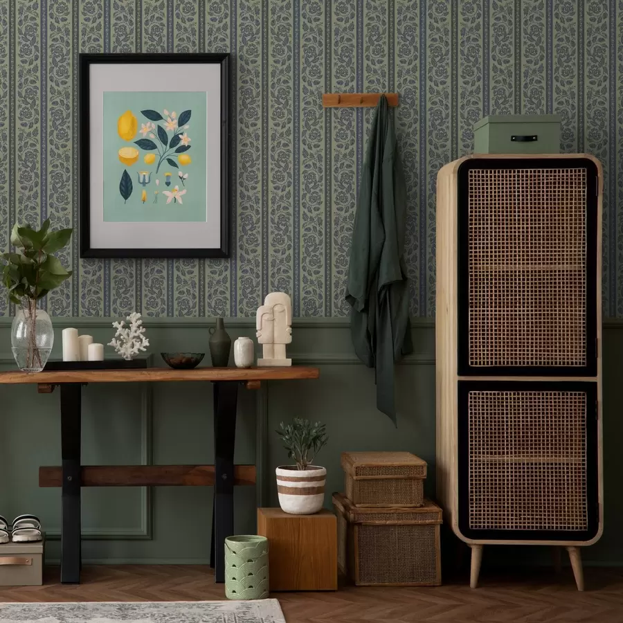 murales Adorno vintage azul con flores y bellotas a00181v1