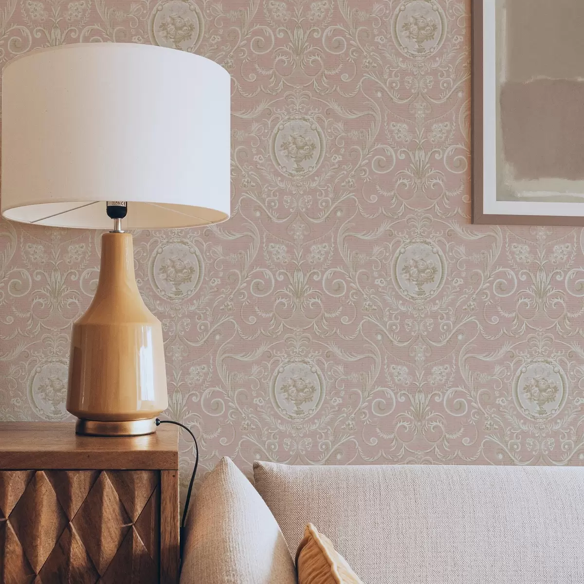 Wallpaper Pink classic pattern with medallions and flowers a00185