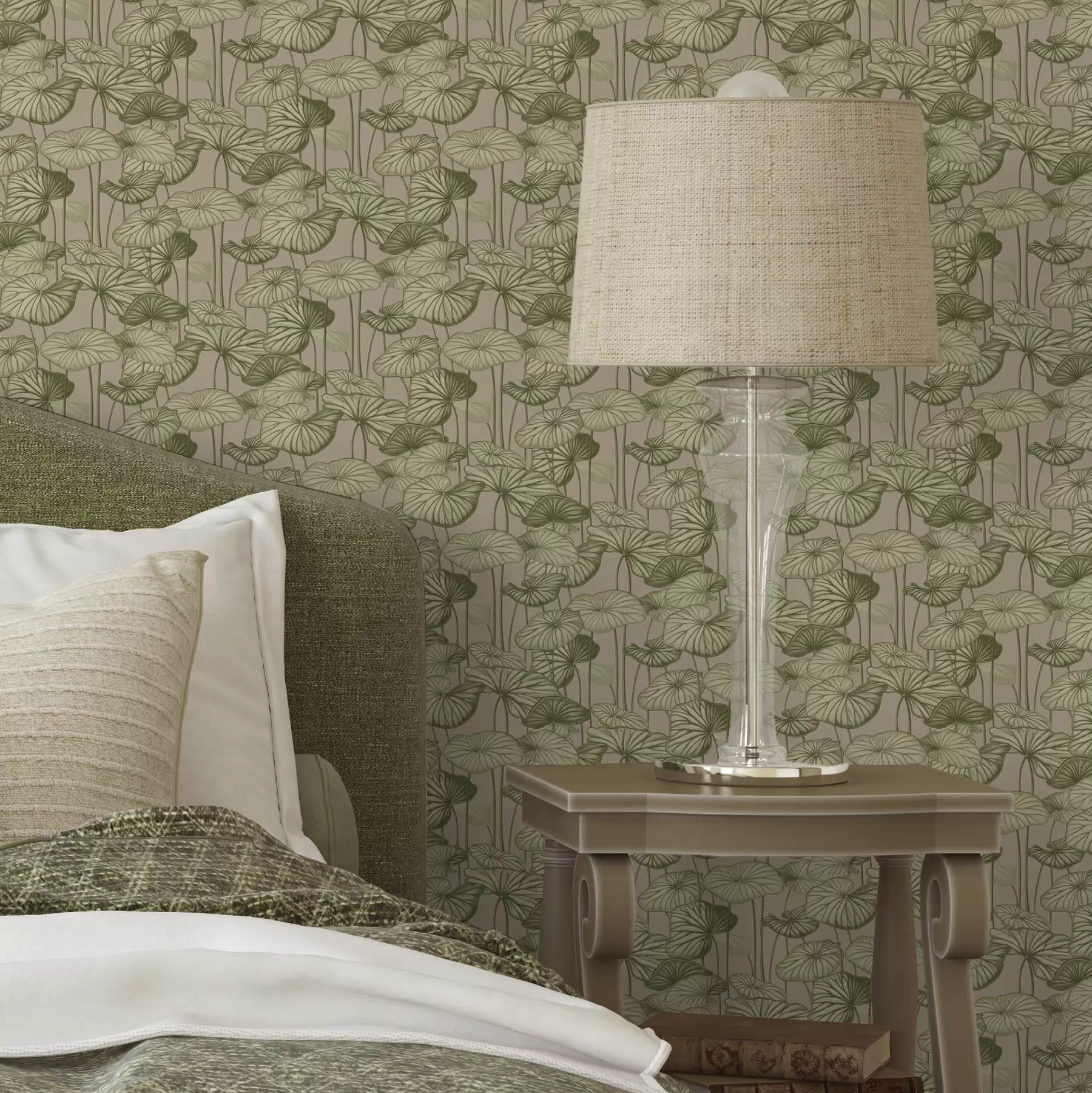 wall murals Graphic lotus leaves in retro style on a beige background a00188