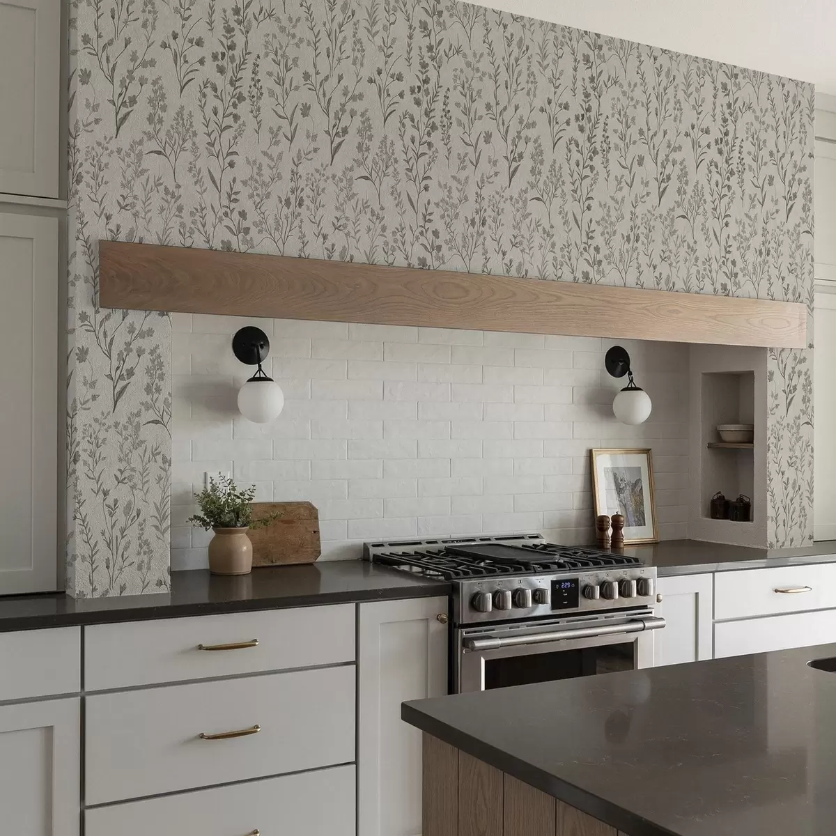 Wallpaper Monochrome meadow grasses in vintage style a00192