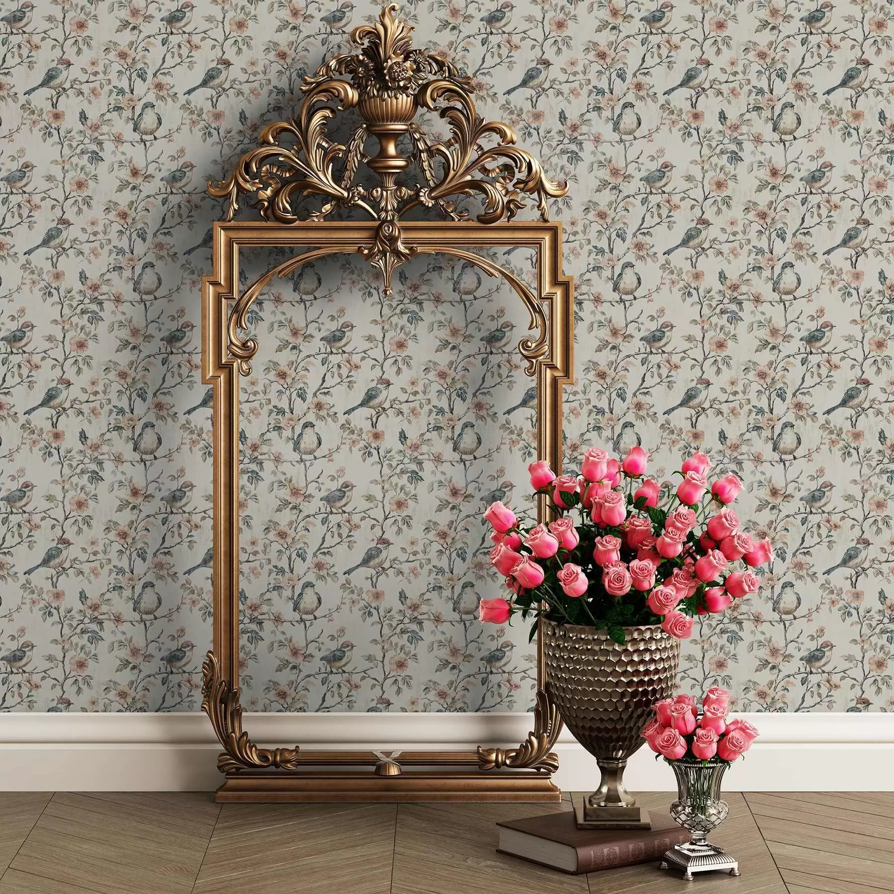 Wall Mural Photo Wallpaper Birds on branches with flowers in retro watercolor style a00197