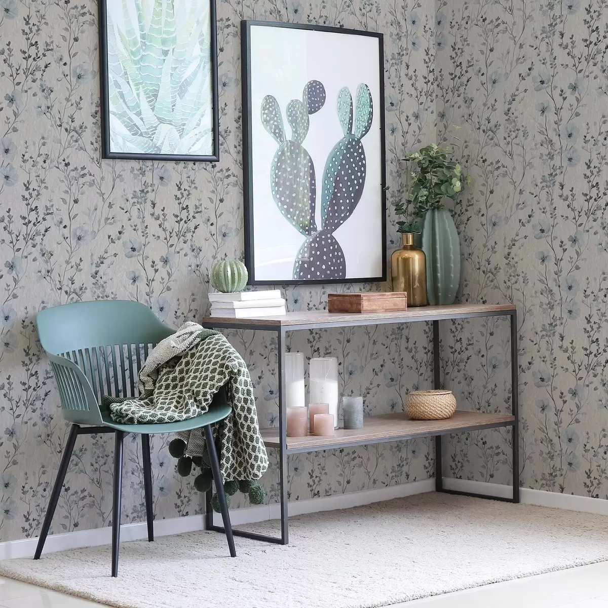 Papel pintado Florística en acuarela azul y gris sobre fondo neutro a00198