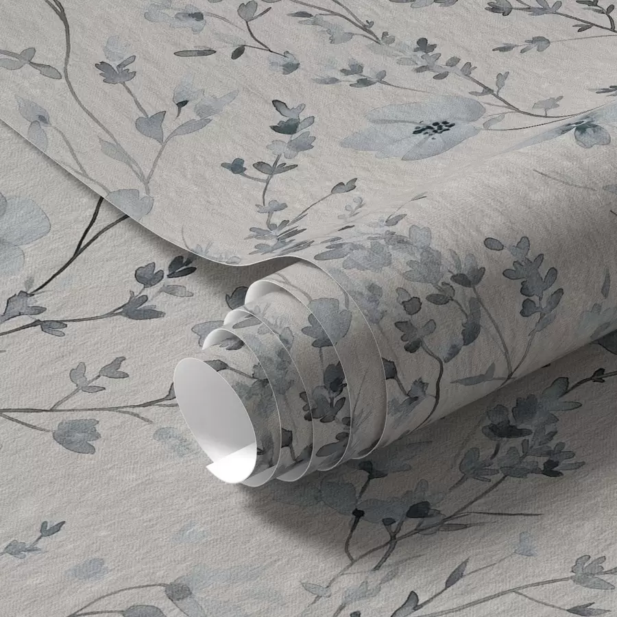 Wall Mural Photo Wallpaper Blue and gray watercolor floristics on neutral background a00198