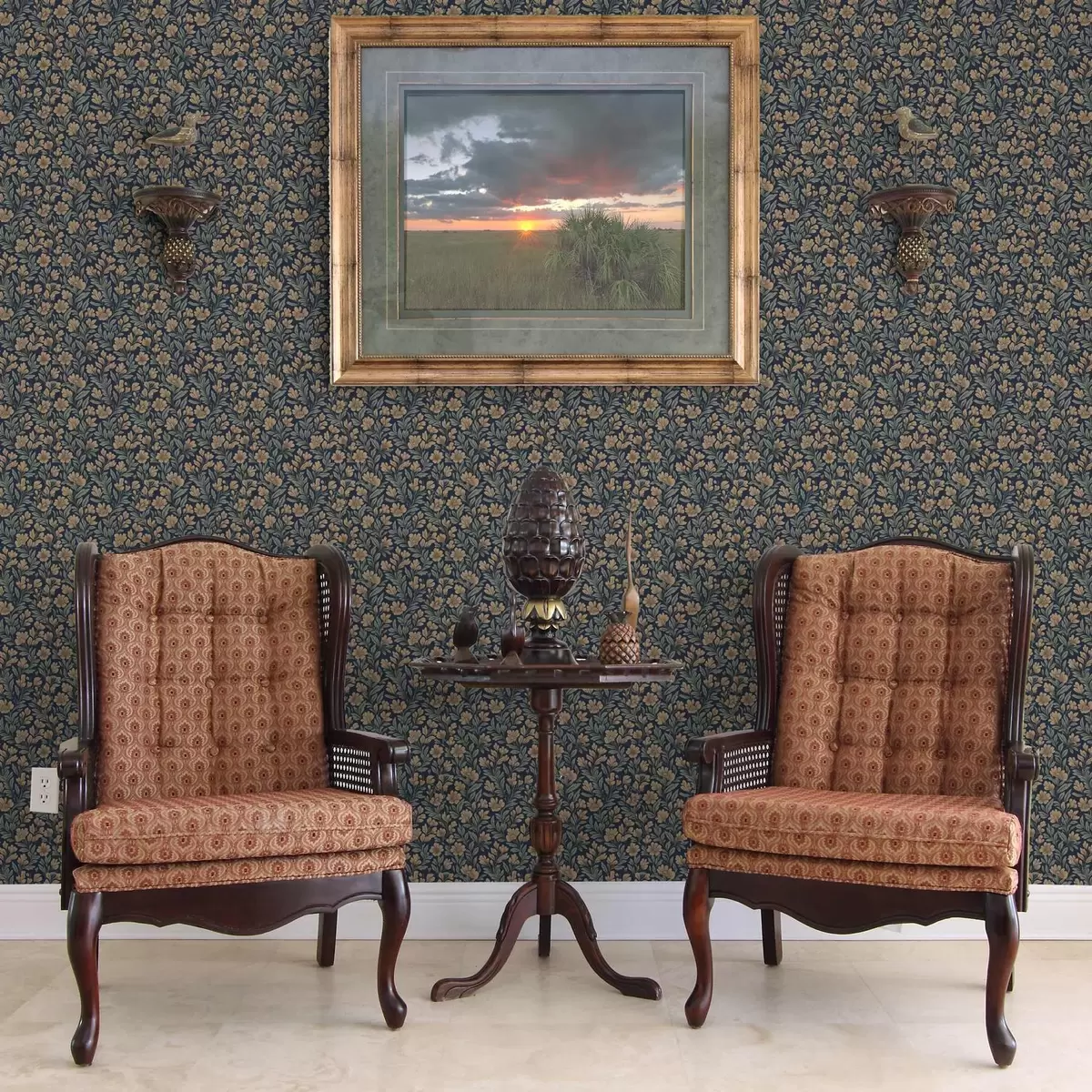 Wallpaper Orange flowers on a dark blue background in vintage style a00200