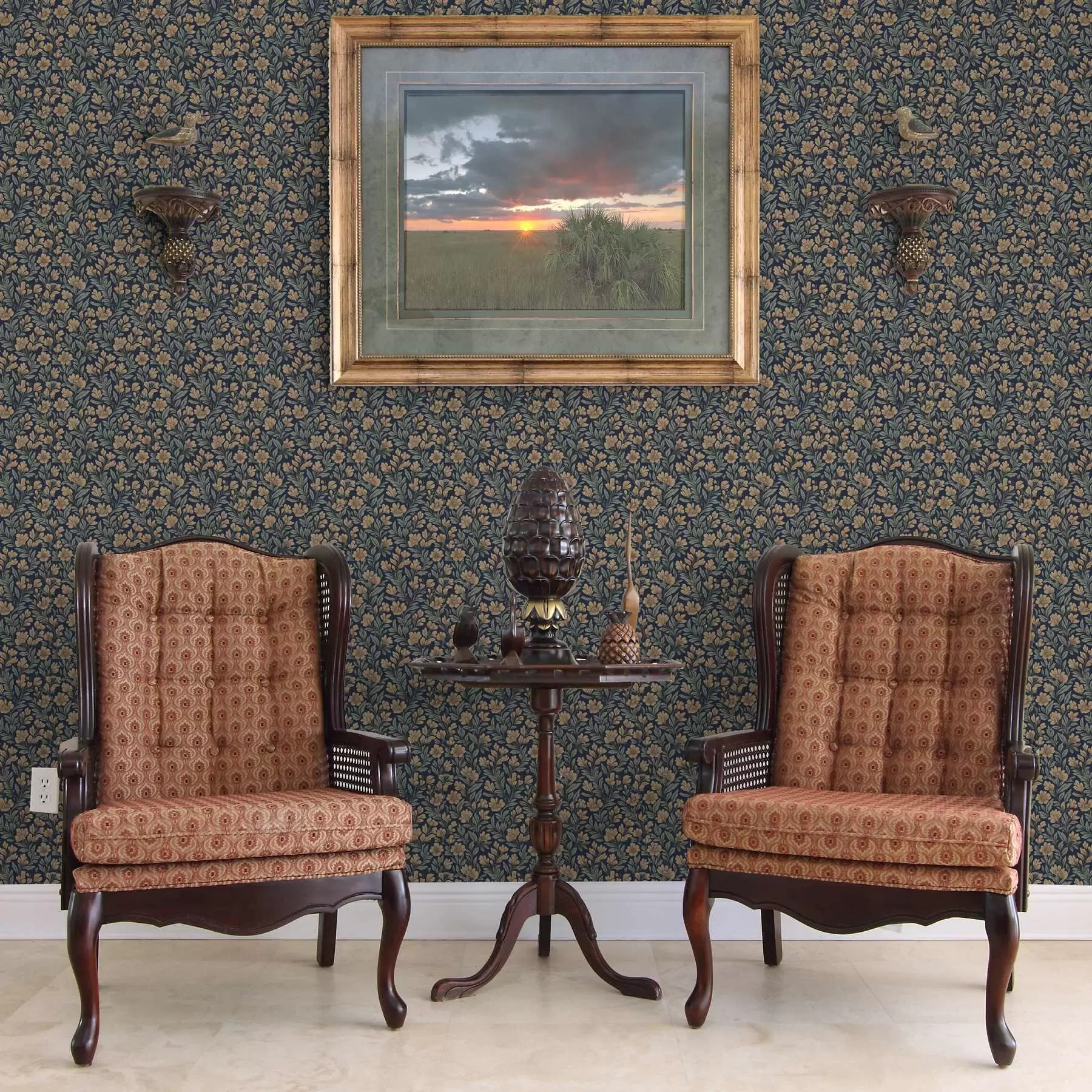 Wall Mural Photo Wallpaper Orange flowers on a dark blue background in vintage style a00200