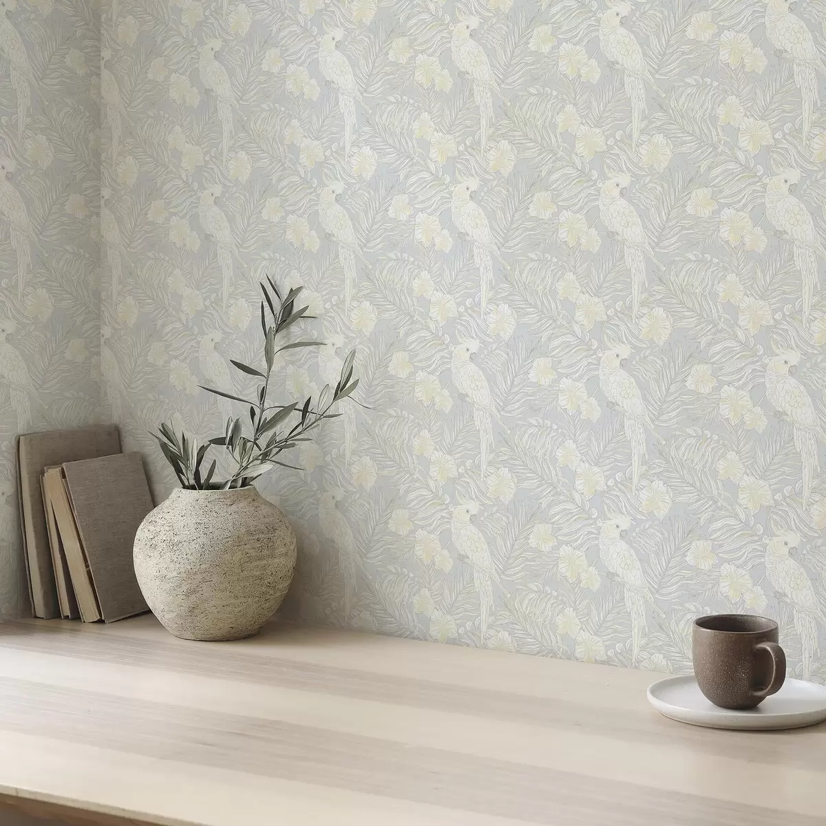 Wallpaper Light tropical print with cockatoos and flowers on a blue background a00203