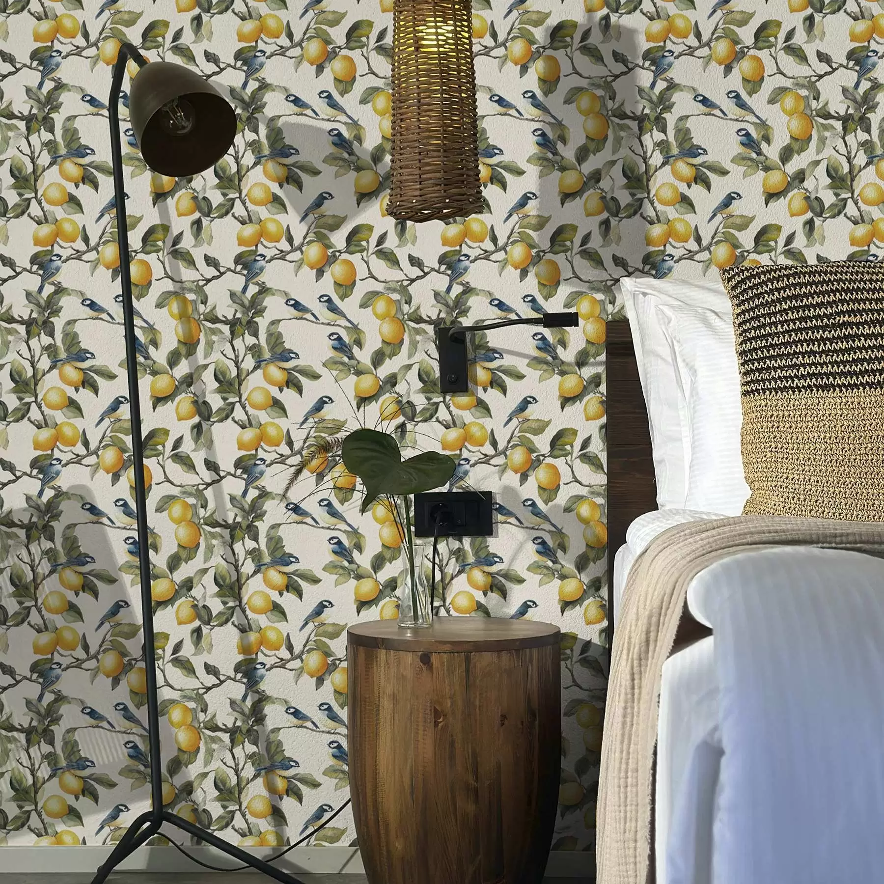 murales Pájaros y limones en las ramas, dibujo botánico en acuarela a00207