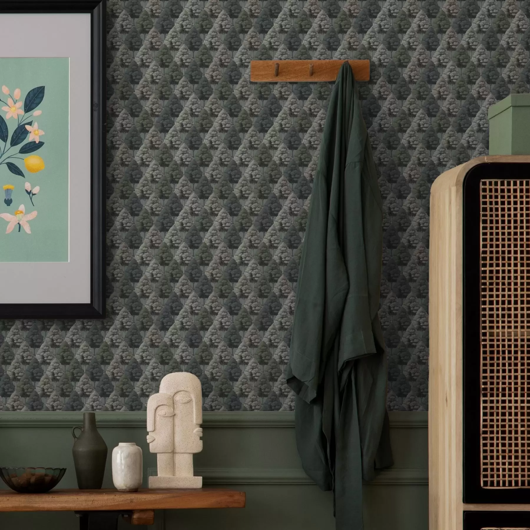 murales Motivo geométrico de bosque con árboles en tonos verdes a00209