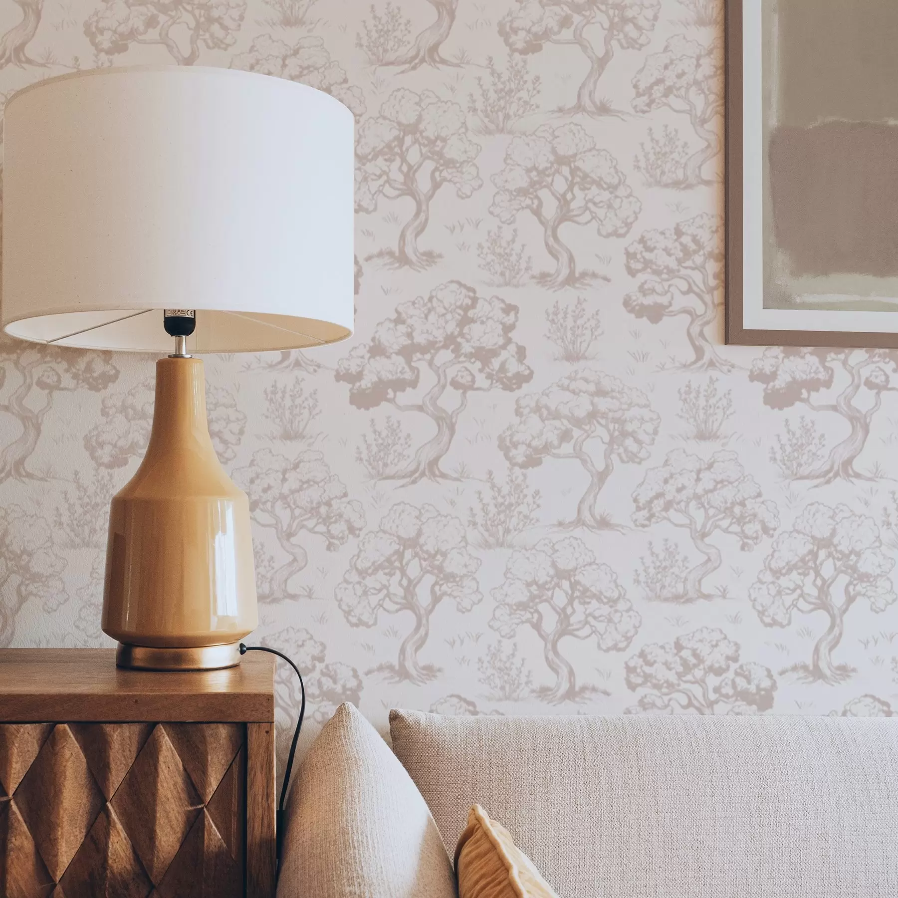 peintures murales Silhouettes d'arbres monochromatiques de style vintage, couleur beige a00210