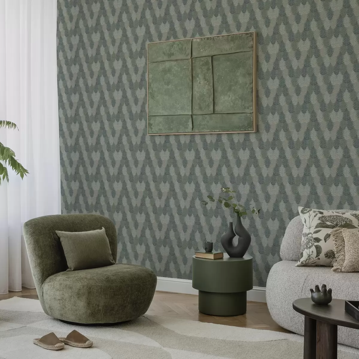 Wallpaper Fern leaves, geometric pattern, green and blue colors a00211