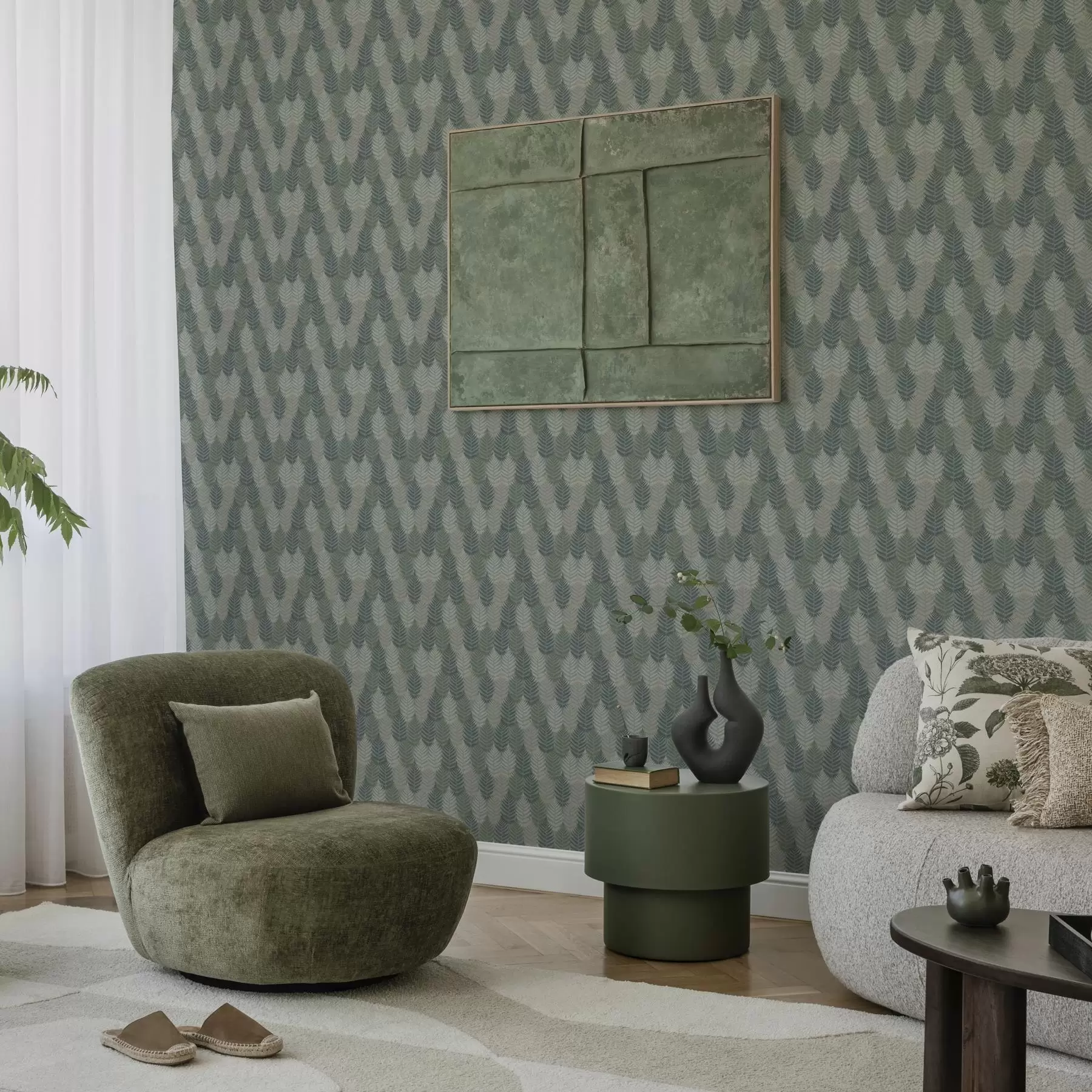 wall murals Fern leaves, geometric pattern, green and blue colors a00211