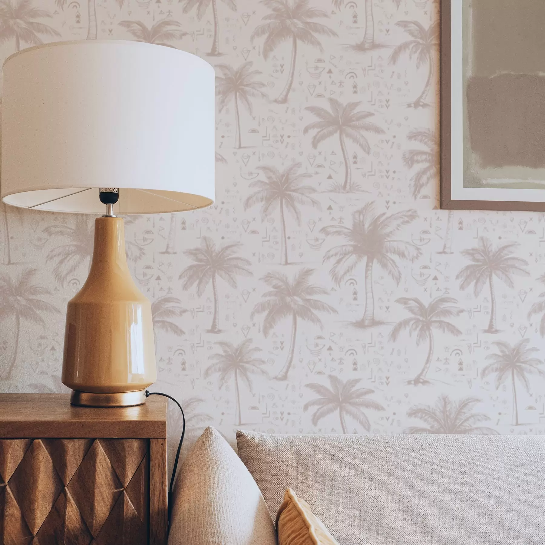 peintures murales Palmiers avec symboles ethniques, tonalité rose pastel a00213