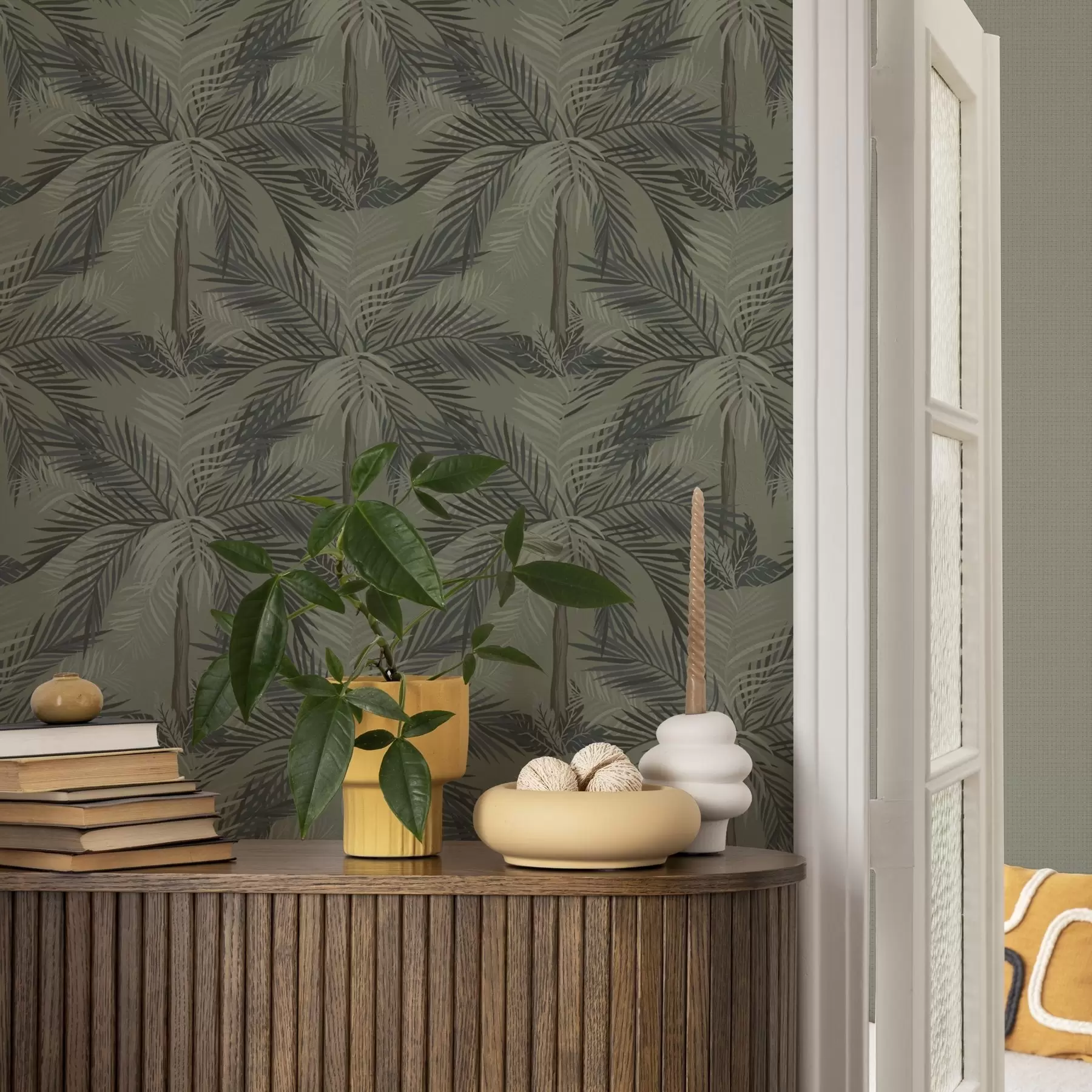 murales Hojas de palmera sobre fondo de olivo, selva, trópicos a00217